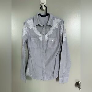 GUESS Striped Sheer Lace Details Button Down Western Shirt Size XS Like New